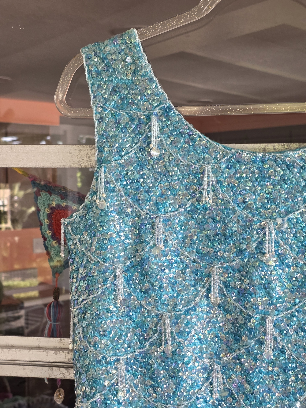 Vintage 70s Fairy Mermaid Turquoise Beaded Tassel Tank Top Size 36 Small? - Picture 7 of 16